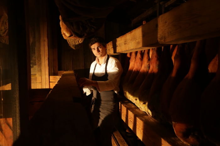 Jeremy Trincaz in the kitchens at Les Cornettes home-made ham traditions haute-savoie restaurant